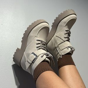 Beige Platform Combat Boots Women’s Lug Sole Buckle Ankle Boots Side Zip